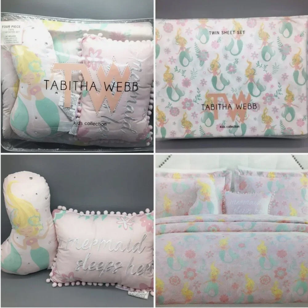 7pc Tabitha Webb Mermaid TWIN SHEET COMFORTER PILLOW Set Ocean Pink Designer NEW